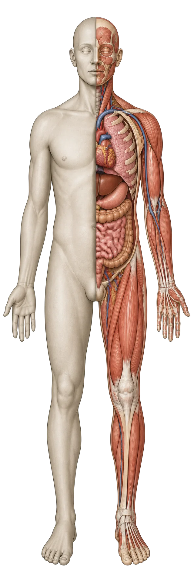 Anatomical illustration of a human upper body, half external surface and half internal anatomy