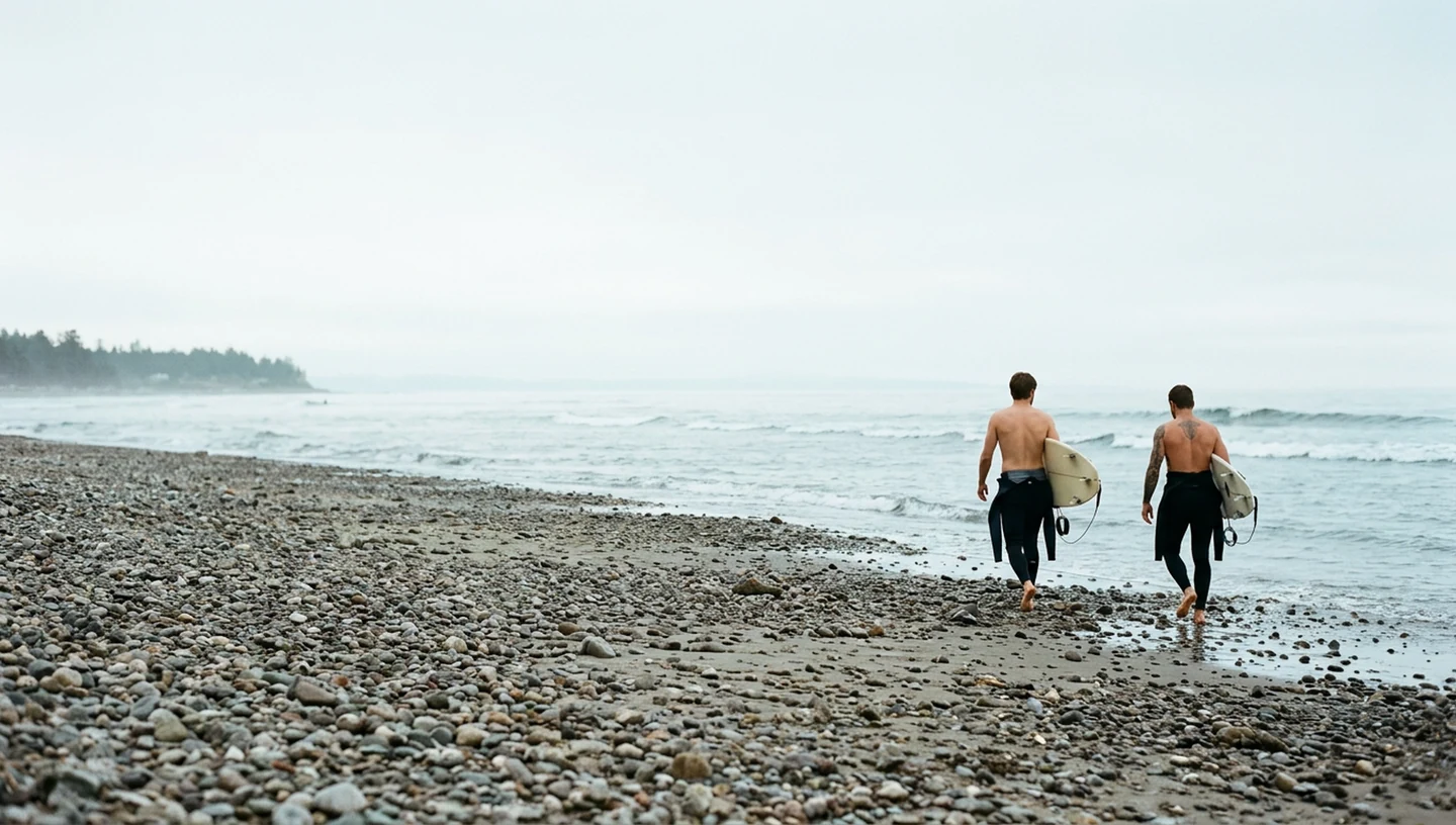 Two surfers walking toward a quiet sea across a rocky beach