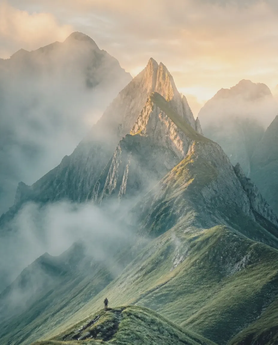 A lone hiker starting the day on a vast mountain ridge at sunrise