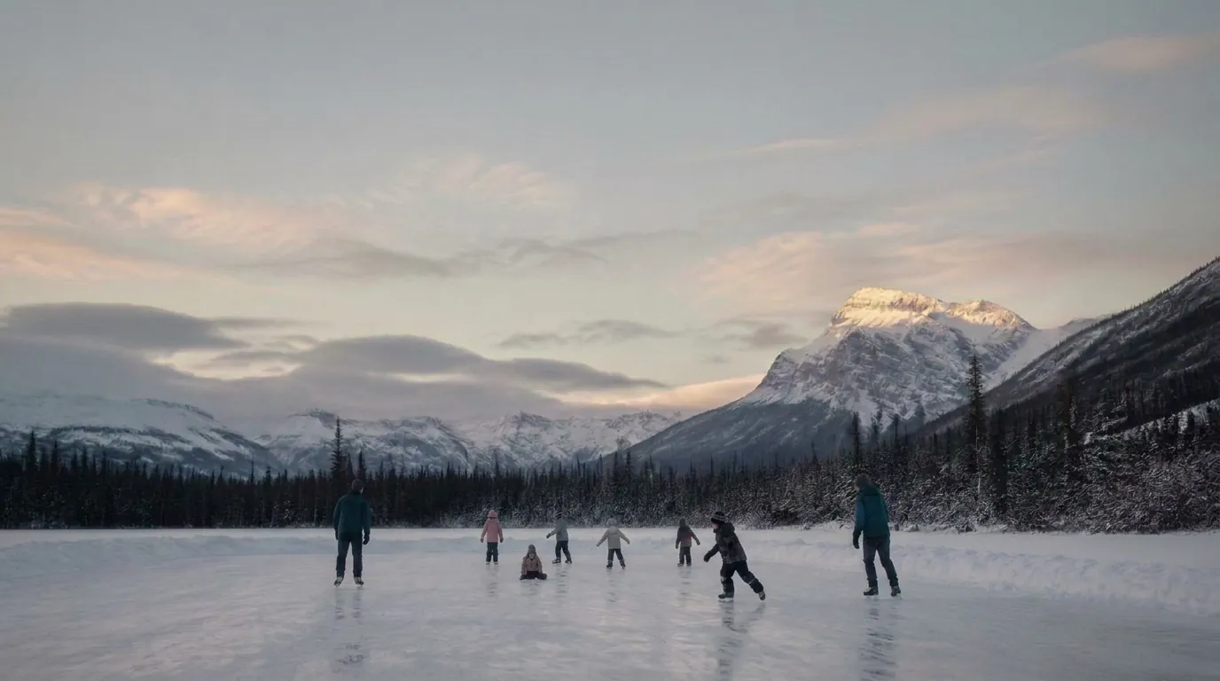 Two adults and six children skating on an outdoor rink on a frozen lake below snow-covered mountains