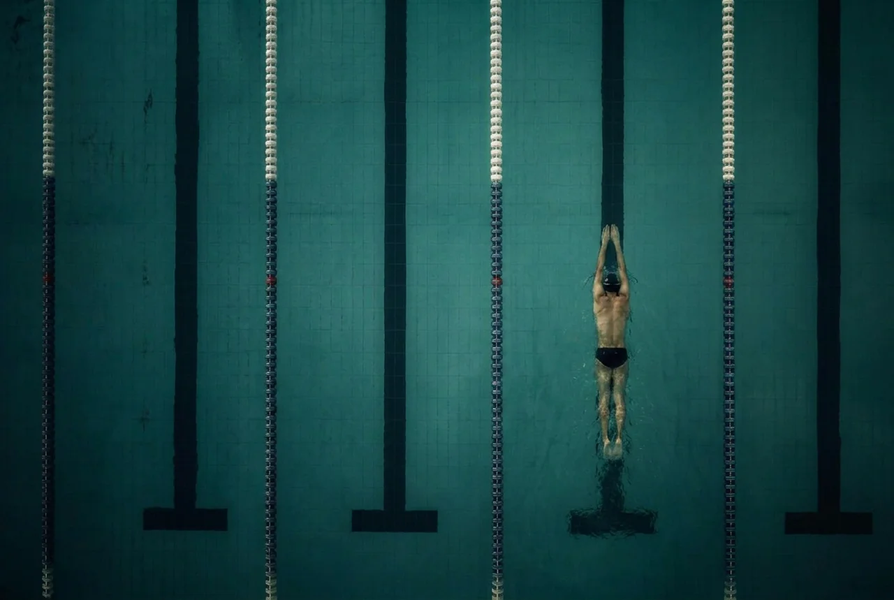 Overhead view of a male swimmer in a streamlined dive glide through a dark teal lane pool