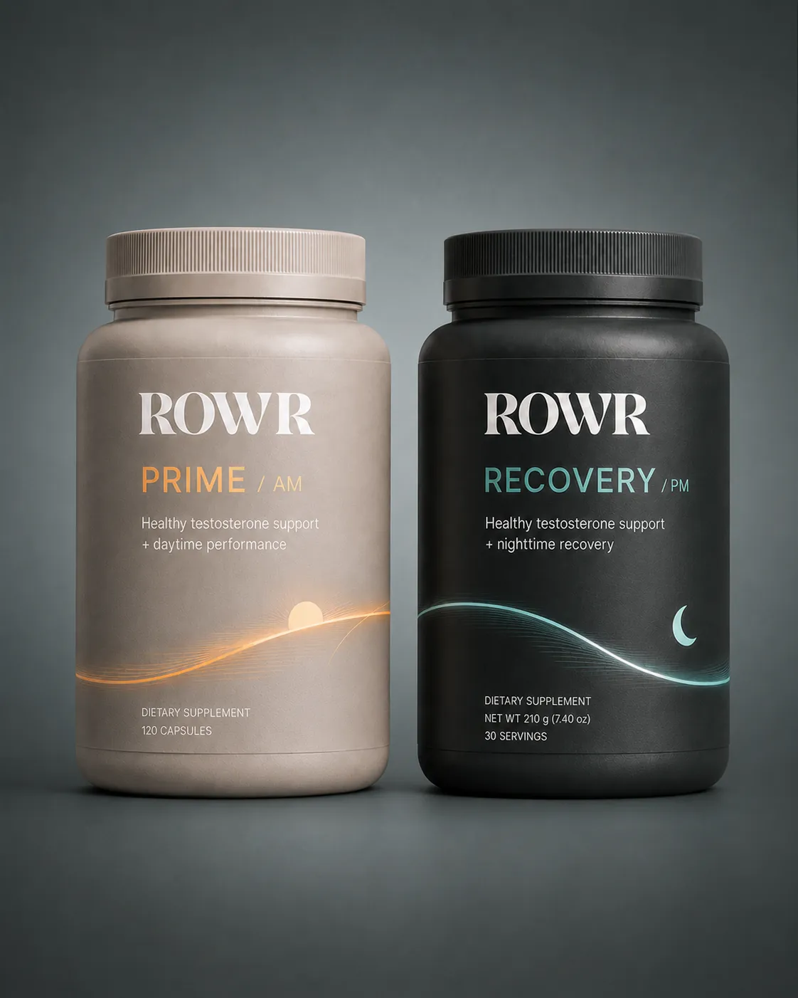 The 24H System: PRIME / AM and RECOVERY / PM bottles side by side